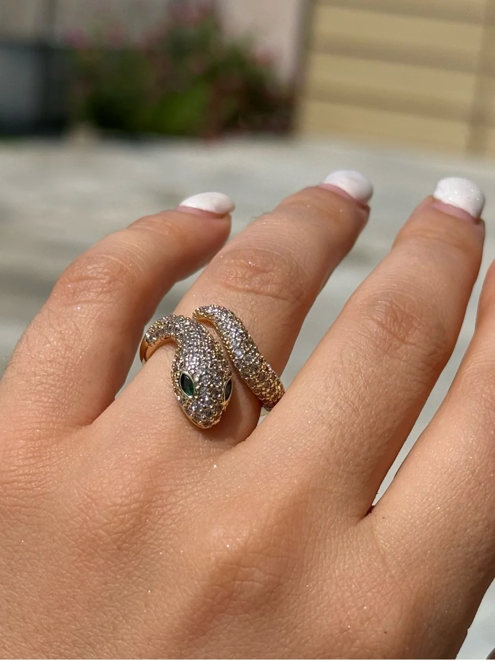 Gold Serpent Pave Ring with Green Eyes